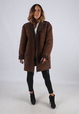 VINTAGE FAUX SUEDE 'SHEEPSKIN STYLE' COAT UK 16 XL (J2P)