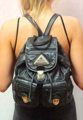 1980S VINTAGE JET BLACK AND GOLD REAL LEATHER BACKPACK
