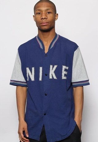 VINTAGE NIKE BIG LOGO BUTTON UP TOP BLUE