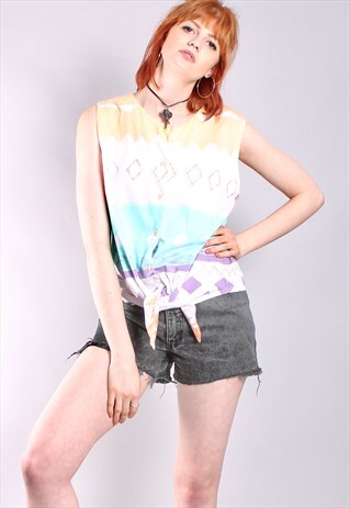 VINTAGE 80S TIE DYE PATTERNED BUTTON TIE UP TOP