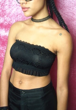 Y2K BLACK LACE PLEATED BOOB TUBE CROP TOP