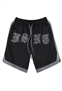 Shiny basketball sport shorts cropped patch pants in black