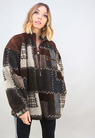 VINTAGE 90S OVERSIZED 1/4 ZIP PATTERNED TEDDY SHERPA FLEECE
