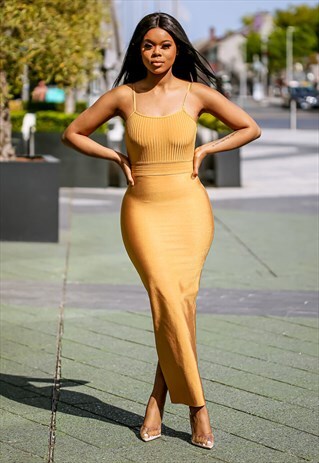 MUSTARD RIBBED STRAPPY MAXI BANDAGE DRESS