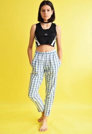 VINTAGE 80'S RETRO TAPERED CHECKED HIGH WAIST TROUSERS