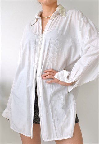 VINTAGE 80S COTTON SHIRT BLOUSE WITH BEADED COLLAR M-L
