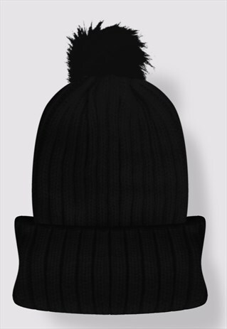 WOOL RIB-KNIT BLACK BEANIE WITH POMPOM FOR WOMEN