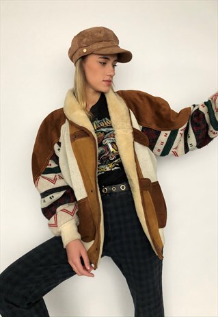 VINTAGE 90S AZTEC NAVAJO SHEEPSKIN & SUEDE BOMBER JACKET