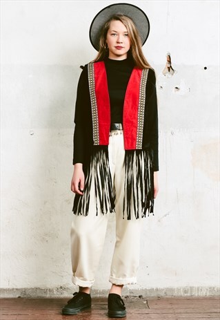 VINTAGE 90S FAUX SUEDE LONG FRINGE VEST