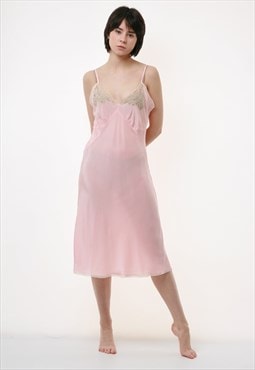 80s Vtg Silky Midi Knee Length Sleeveless Night Dress 2542