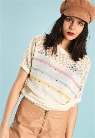 70'S RETRO NEUTRAL CREAMY SHEER MOD KNIT FESTIVAL TOP