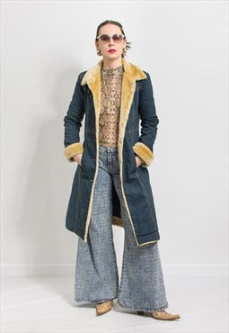 Vintage Y2K denim coat faux fur inserts women size M