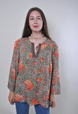Vintage leopard lace blouse with flowers print 