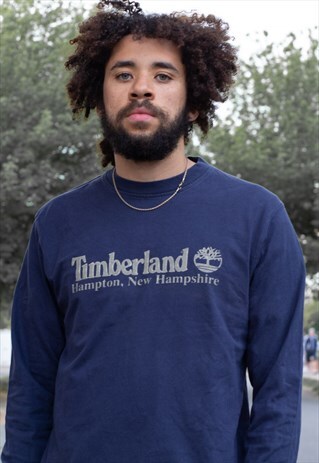 VINTAGE 90S TIMBERLAND SPELLOUT LONG SLEEVE TOP IN NAVY
