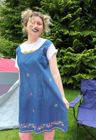 VINTAGE 90S DENIM FESTIVAL SMOCK DRESS FLORAL EMBROIDERY