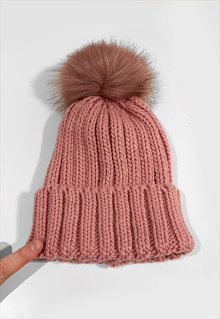 FAUX FUR BOBBLE KNITTED RIBBED BEANIE HAT - PASTEL PINK