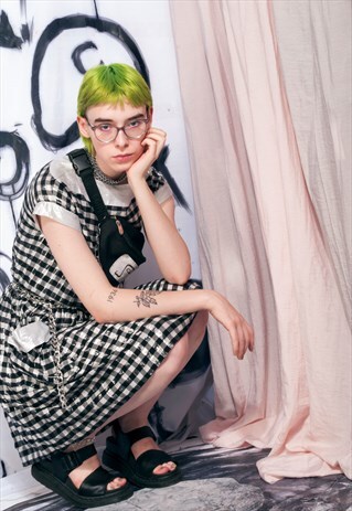 VINTAGE GINGHAM DRESS 80S SHINY SILVER CHECKBOARD DRESS