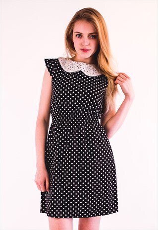DOT DOT PRINT LACE COLLAR DRESS
