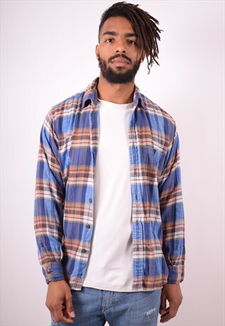 MENS VINTAGE FLANNEL SHIRT MEDIUM BLUE CHECK 90S
