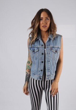 VINTAGE LEVIS DENIM WAISTCOAT JACKET FITTED UK 8 - 10 (HD1O)