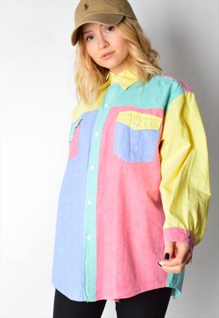 VINTAGE 70S COLOURFUL COLOUR BLOCK LONG SLEEVE SHIRT