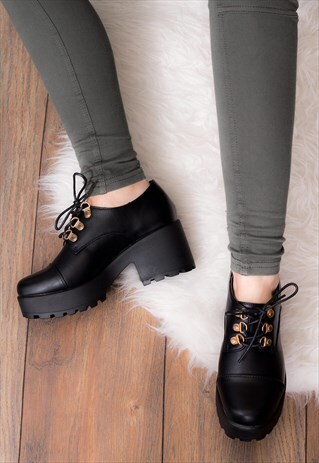 TIGER LACE UP BLOCK HEEL ANKLE BOOTS - BLACK LEATHER STYLE