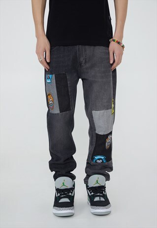 TWO COLOR JEANS WIDE LOGO PATCH PANTS IN BLACK GREY