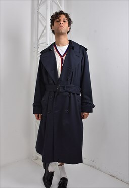 Vintage Trench Coat Navy Blue Wool Double Breasted