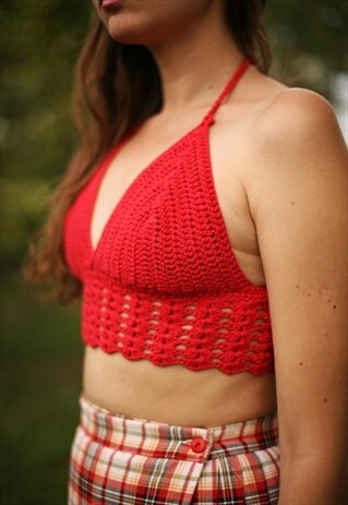 70'S STYLE FESTIVAL RED CROCHET BRALET HALTER CROP TOP