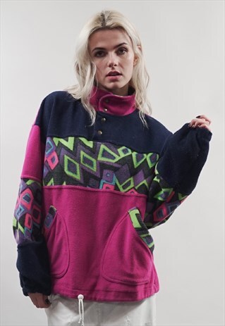 VINTAGE 80'S MULTCOLOURED PATTERN POPPER FLEECE