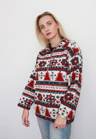 VINTAGE CRAZY GROOVY PATTERN OVERSIZED 1/4 ZIP FLEECE JACKET