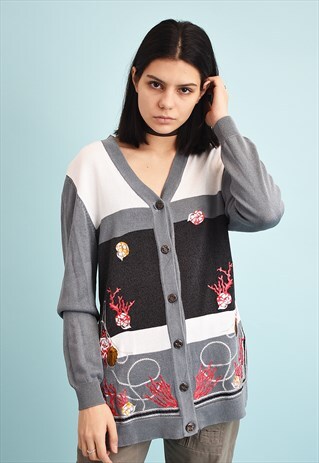 90'S RETRO SEA BOTTOM EMBROIDERED KNIT CARDI