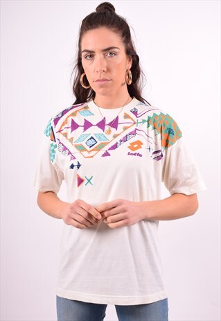 LOTTO WOMENS VINTAGE T-SHIRT TOP SMALL WHITE 90'S