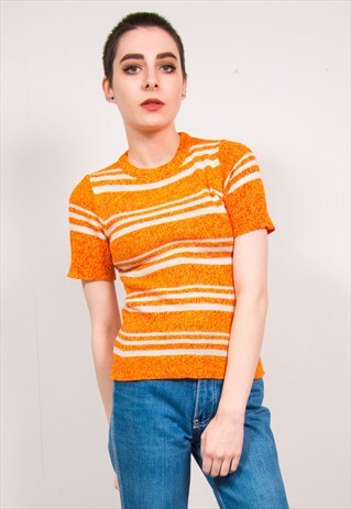 VINTAGE 70'S ORANGE STRIPED KNIT SHORT SLEEVE TOP T-SHIRT