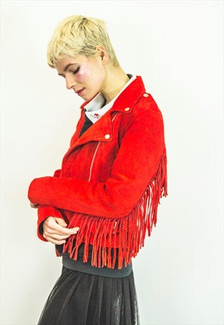 SUEDE FRINGE BIKER FESTIVAL JACKET IN RED