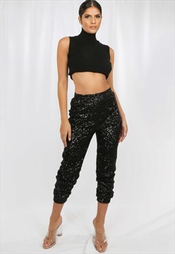 Black Sequin High Waisted Joggers
