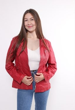 90s biker leather jacket in red, vintage leather crop jacket