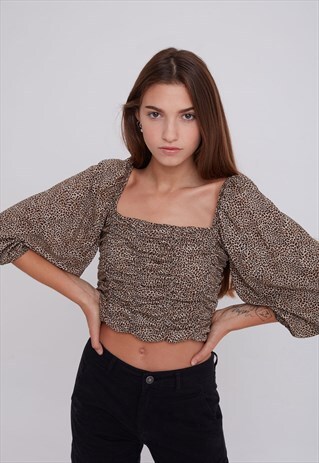 BALLOON SLEEVE BLOUSE IN LEOPARD PATTERN - BEIGE AND BLACK