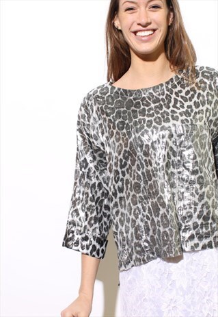 VINTAGE 80S METALLIC SILVER LAME LEOPARD PRINT TOP M-L
