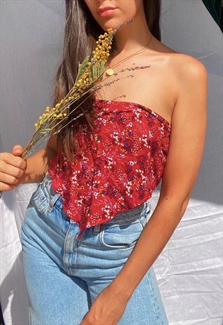 SCARF TOP IN RED DITZY FLORAL PRINT