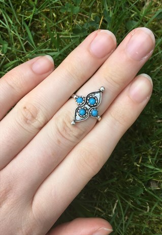 WOMENS BOHO TURQUOISE SILVER COLOUR TRIBAL AZTEC MIDI RING