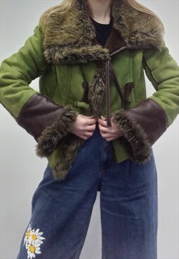 90's Vintage Jacket Faux Fur Trim Green