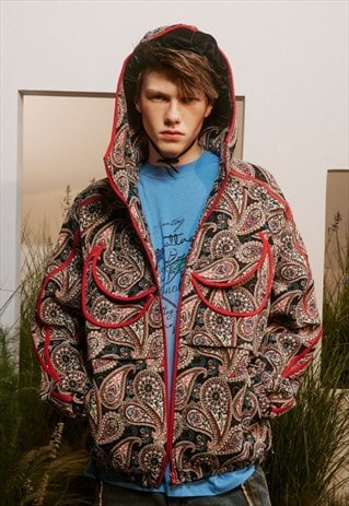 PAISLEY JACKET BANDANNA PRINT HOODED BOMBER CASHEW COAT RED