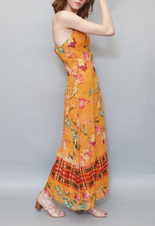 VINTAGE 1990'S VIBRANT ORANGE MIXED PRINT STRAPPY MAXI DRESS