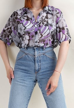 Vintage 90s Floral Purple&Black Short Sleeve Semi Sheer Top