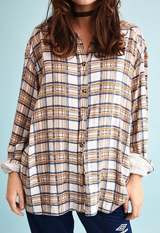 90'S RETRO CHECKED PRINT OVERSIZED SHIRT TOP