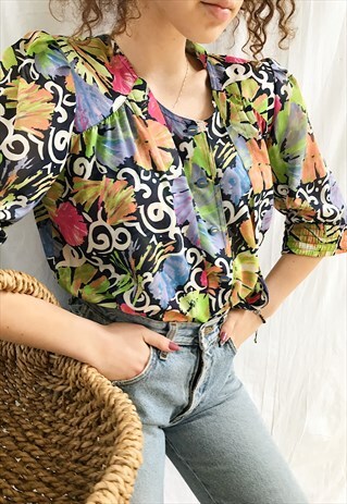 VINTAGE 80S FLORAL PRINT HAUTE BOHEME DRAPED BLOUSE TOP