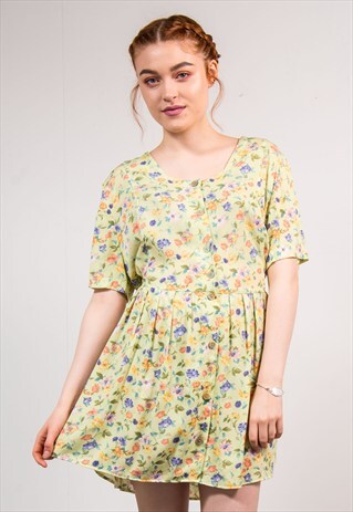 VINTAGE 90'S GREEN FLOWER PATTERN SUMMER MINI DRESS