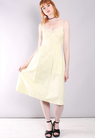 VINTAGE 80S YELLOW EMBROIDERED SUMMER MIDI DRESS