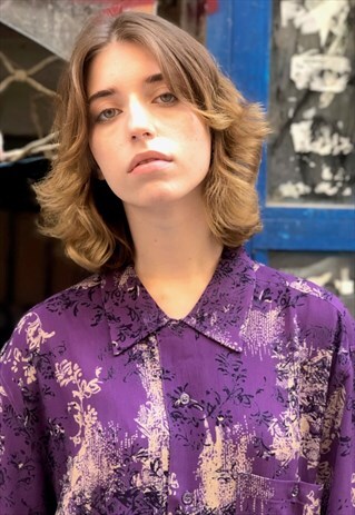 VINTAGE 80'S PURPLE FLORAL PRINTED OVERSIZED SHIRT